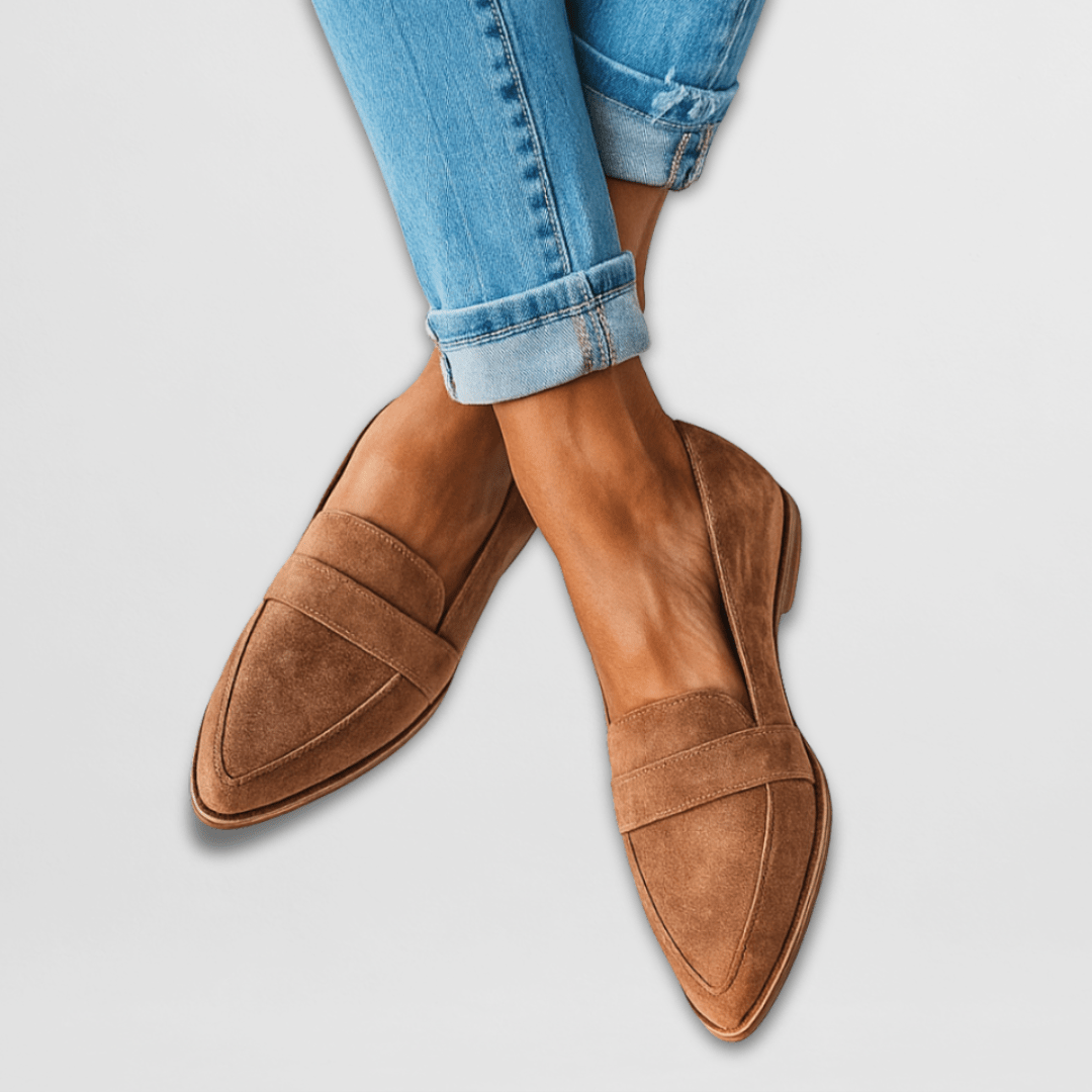 Khaki slip on loafers photographed as a pair