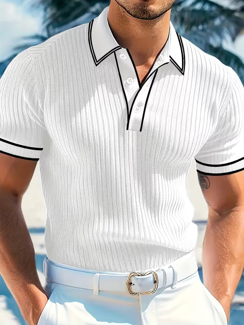 White color-blocked short sleeve polo shirt for men, front view