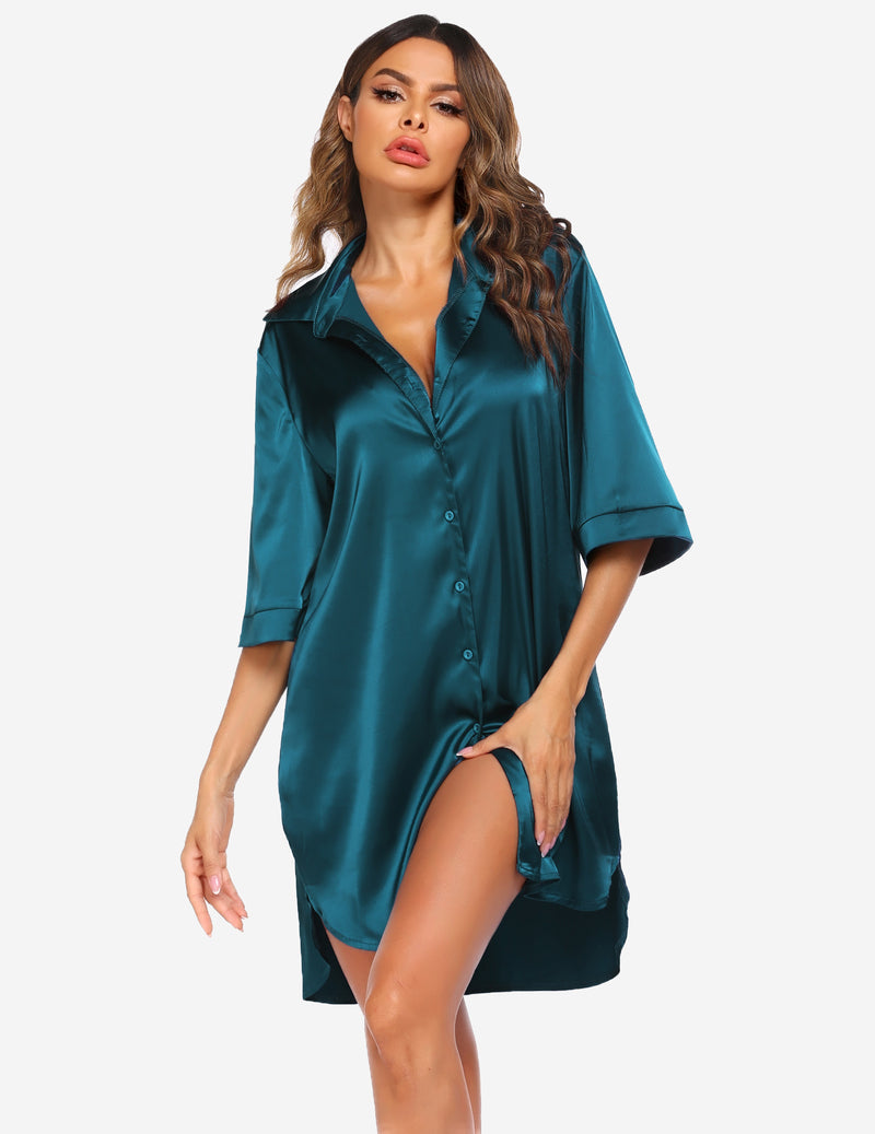 Button-Down Satin Nightgown for Women in Blue Green