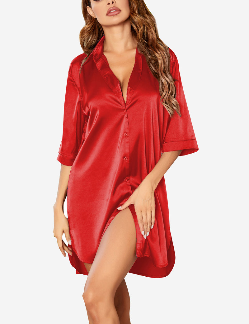 Button-Down Satin Nightgown for Women in Red
