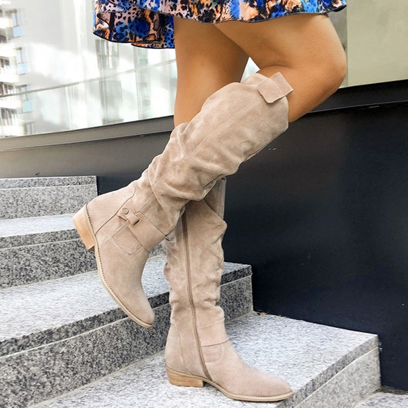 Beige suede knee high boots for women, side view