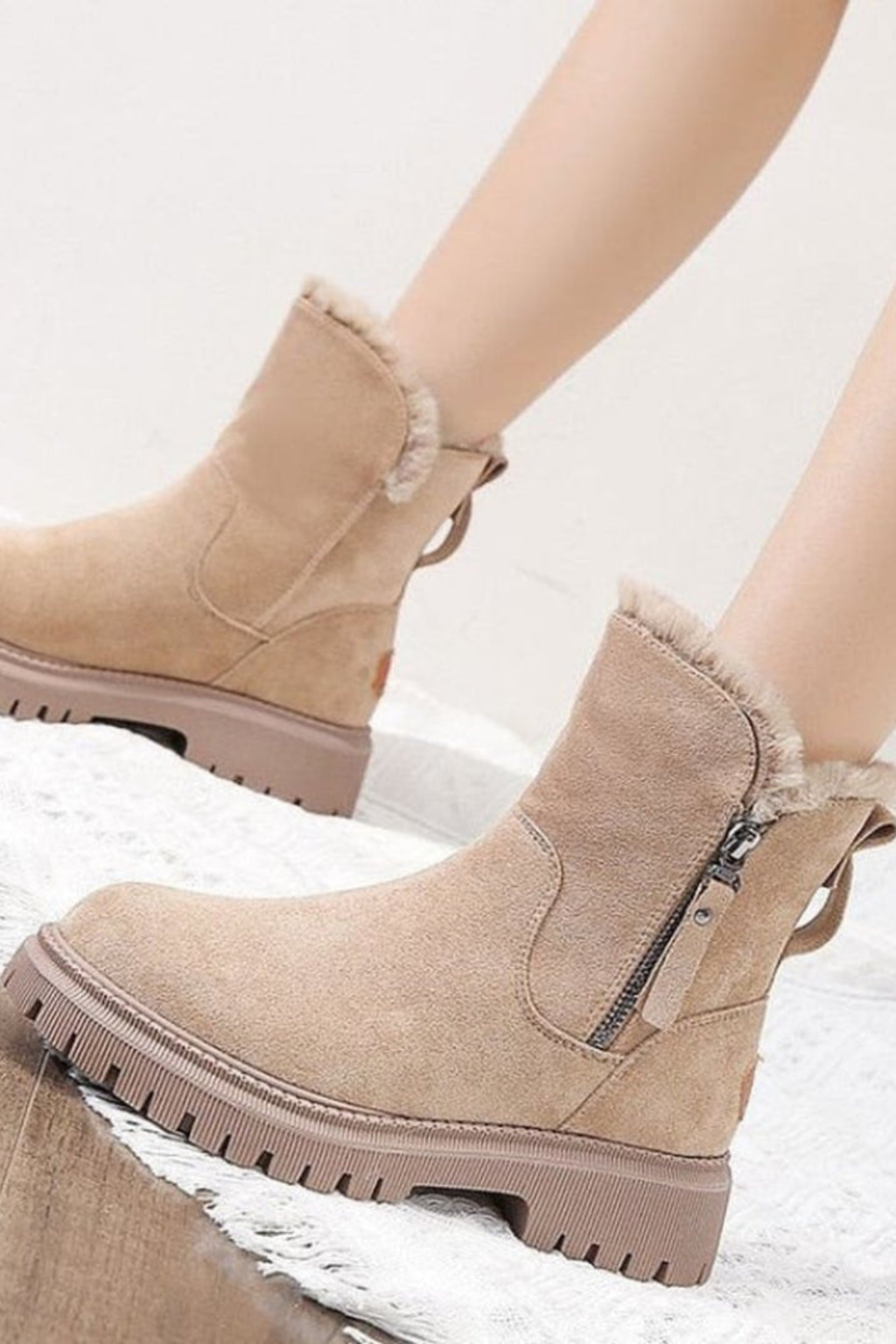 Beige suede fleece lined ankle boots for women on a chunky platform, side view