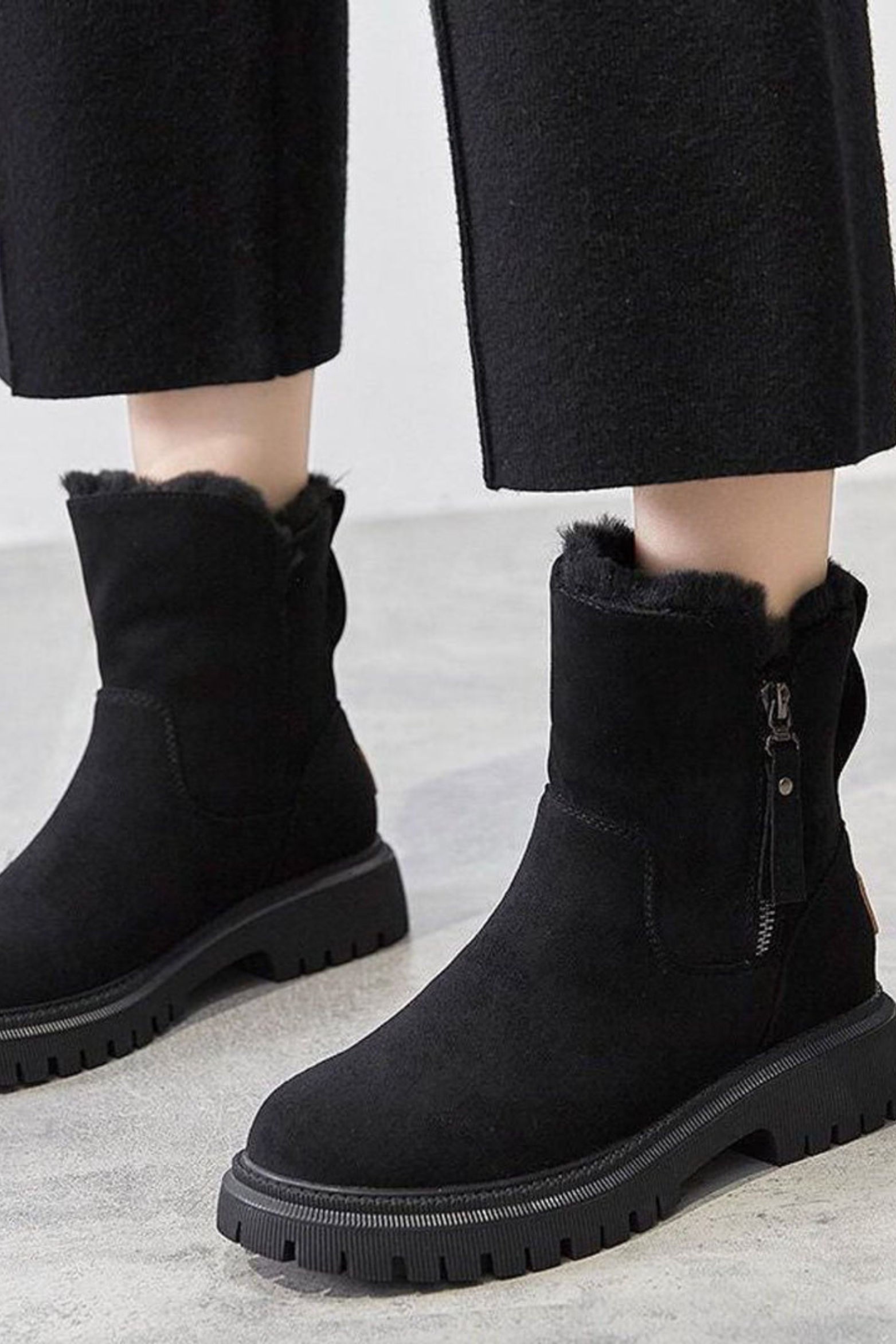 Black suede fleece lined ankle boots for women, side view