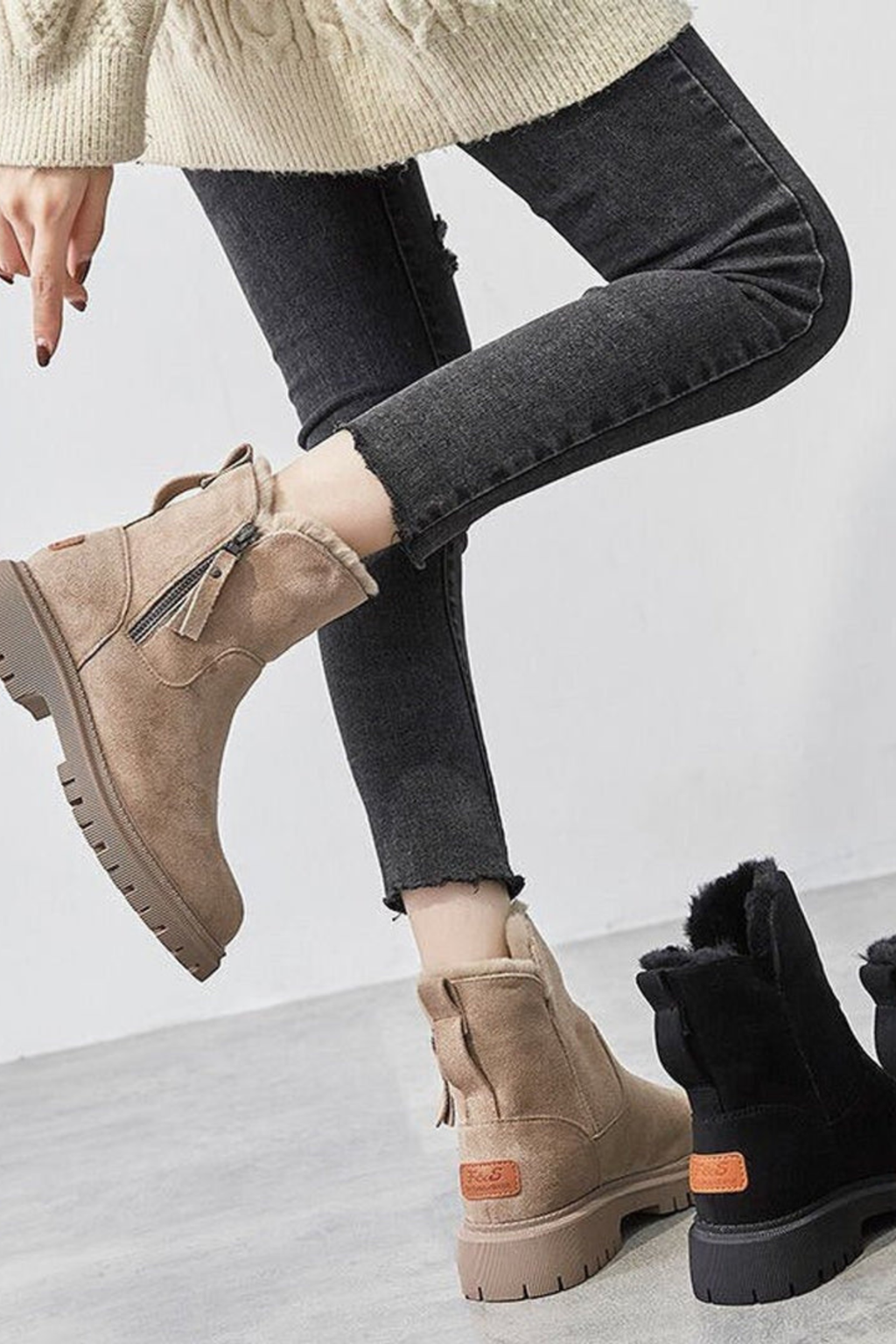 Fleece lined ankle boots for women shown in both colorways side by side