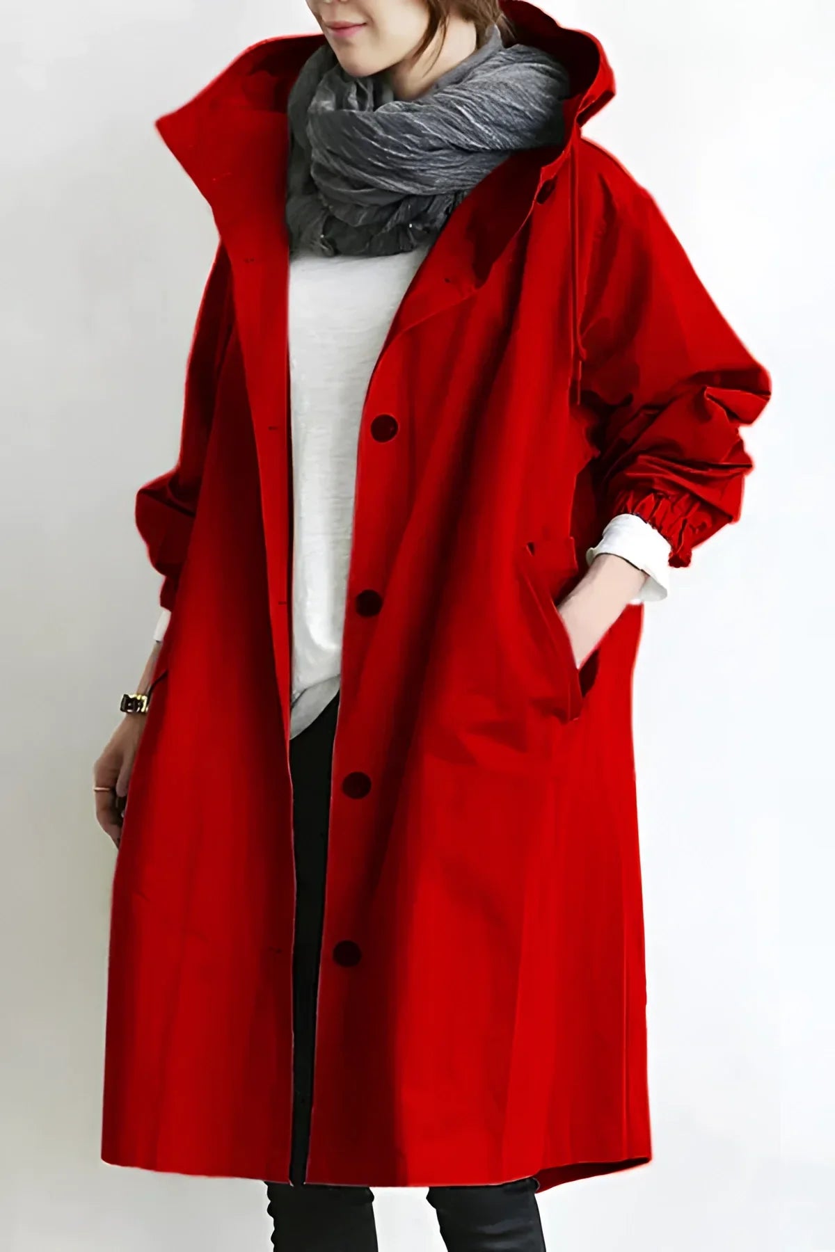 Red hooded raincoat for women, front product view
