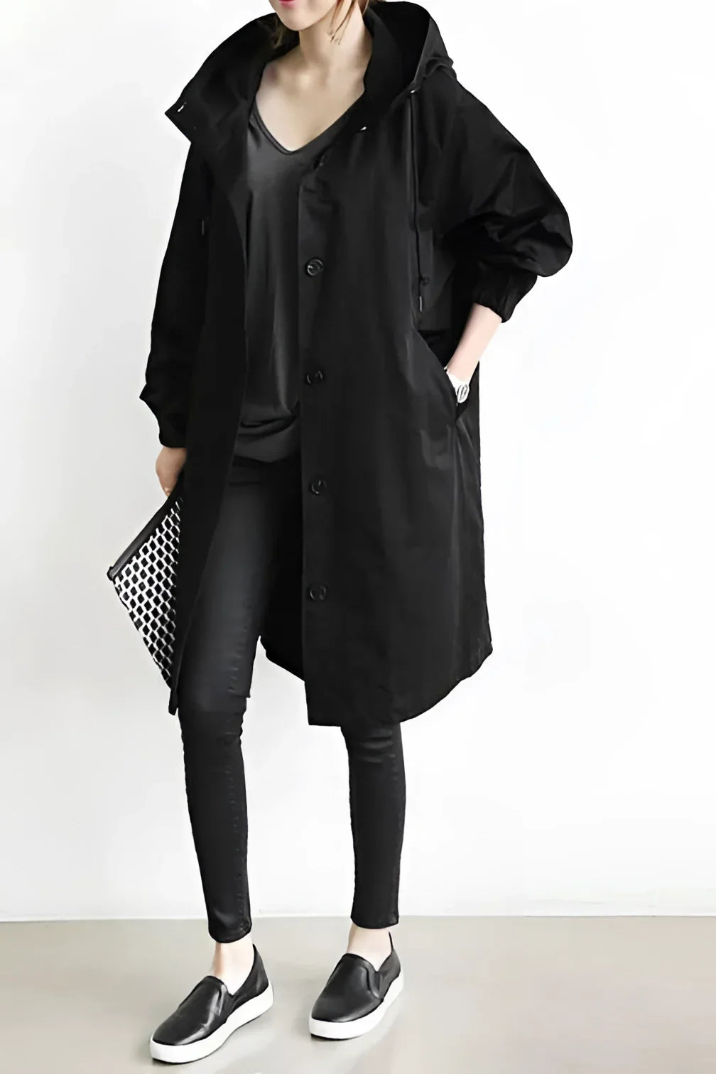 Black hooded rain jacket, oversized fit product view