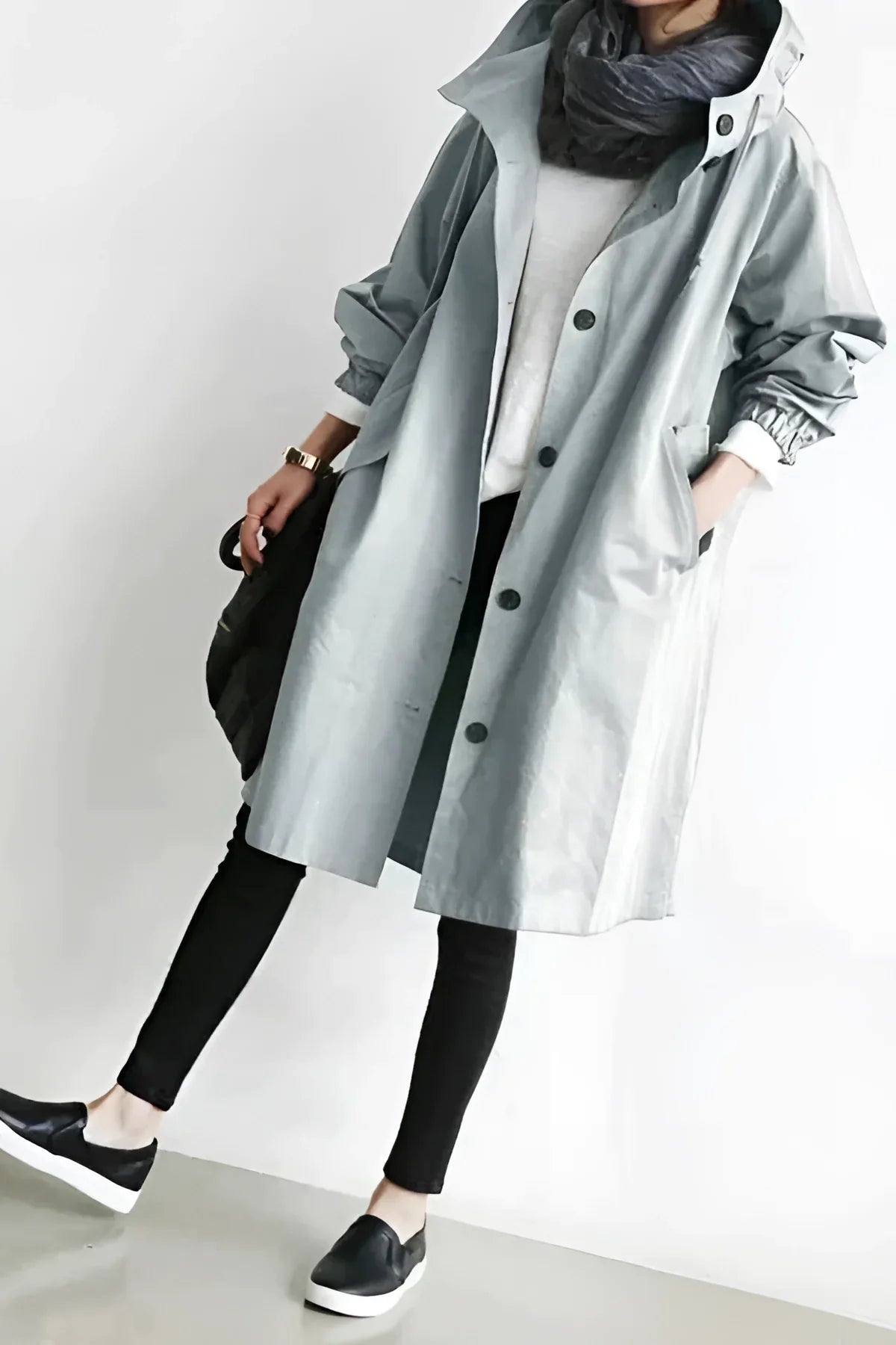 Gray waterproof raincoat for women with drawstring hood