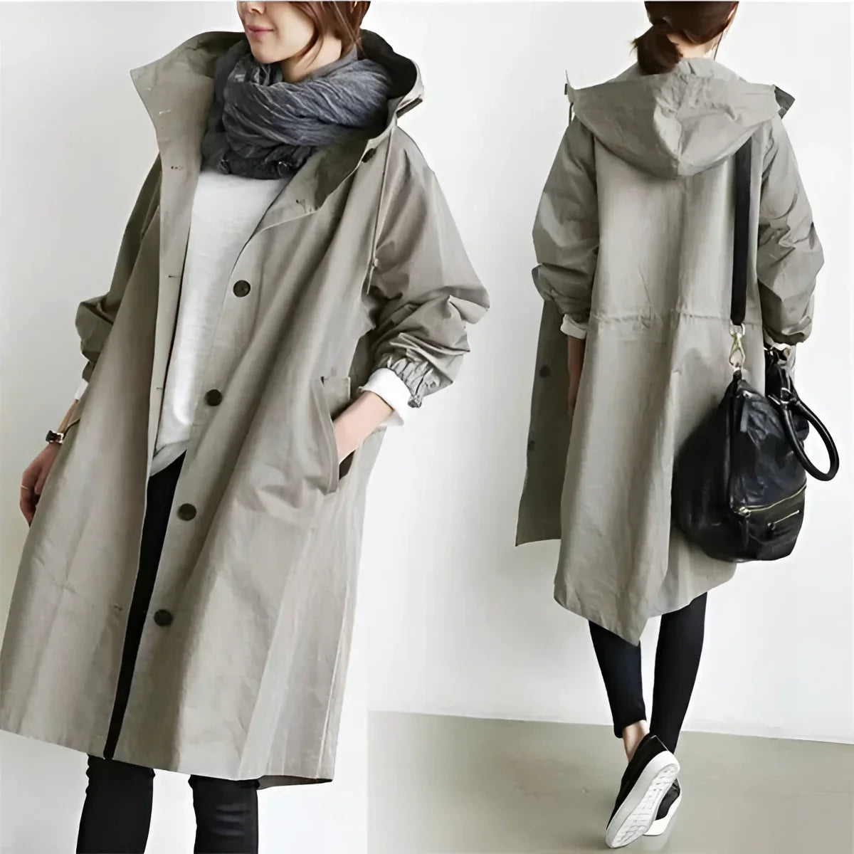 Light gray oversized hooded raincoat, front product view