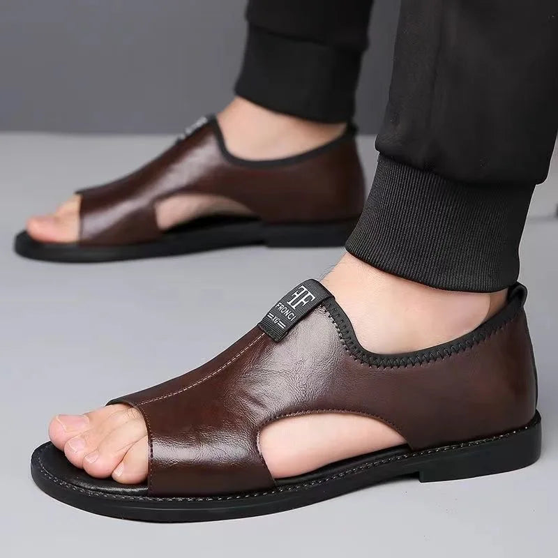 Leather Sandals for Men — worn on foot with trousers