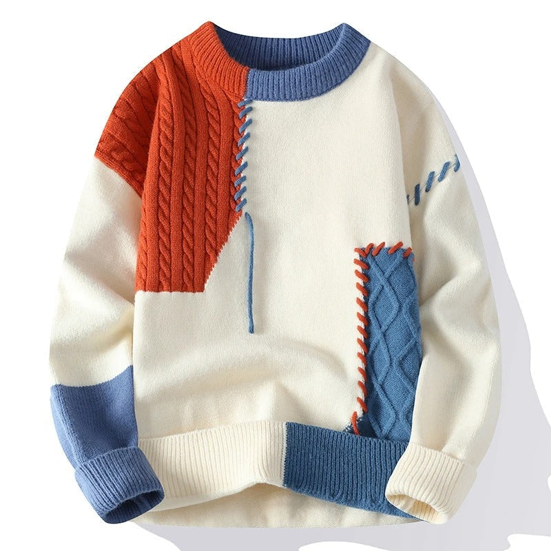 Men's patchwork sweater in Rusty Orange and Blue, front view