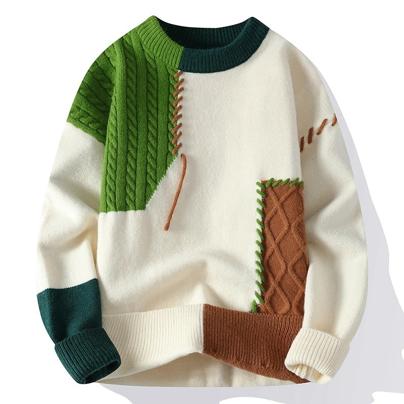 Men's patchwork sweater in Forest Green and Brown, front view