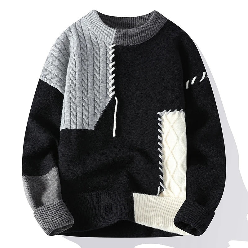 Men's patchwork sweater in Grey and White patchwork, front view