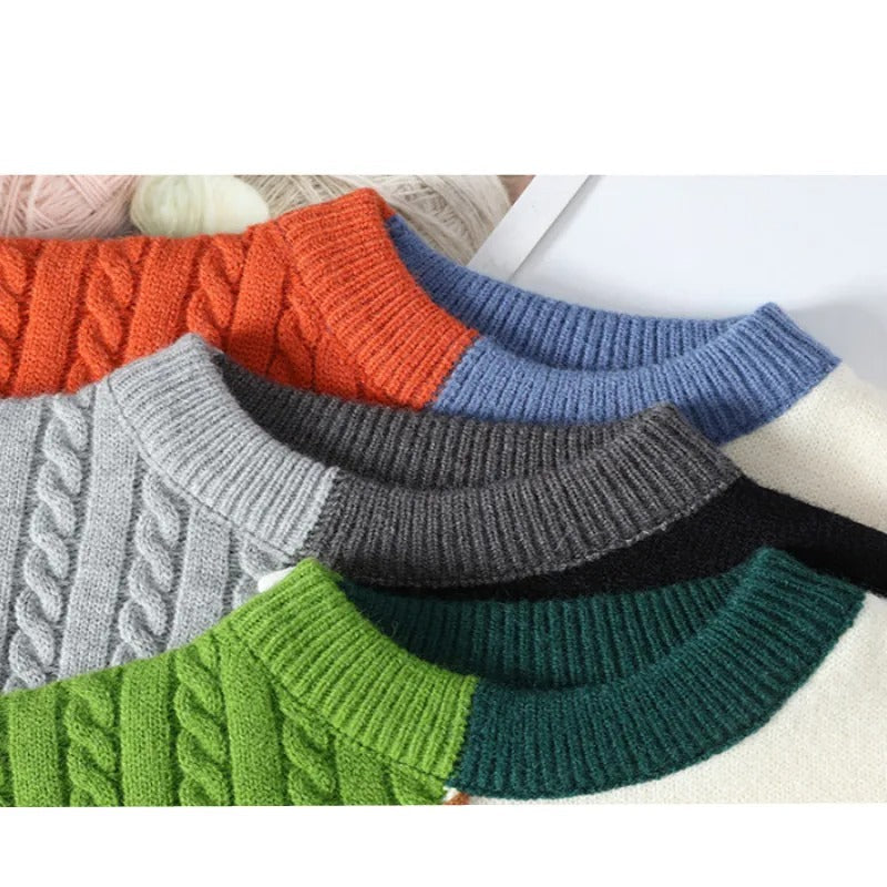 Men's patchwork sweater, styled full-length view