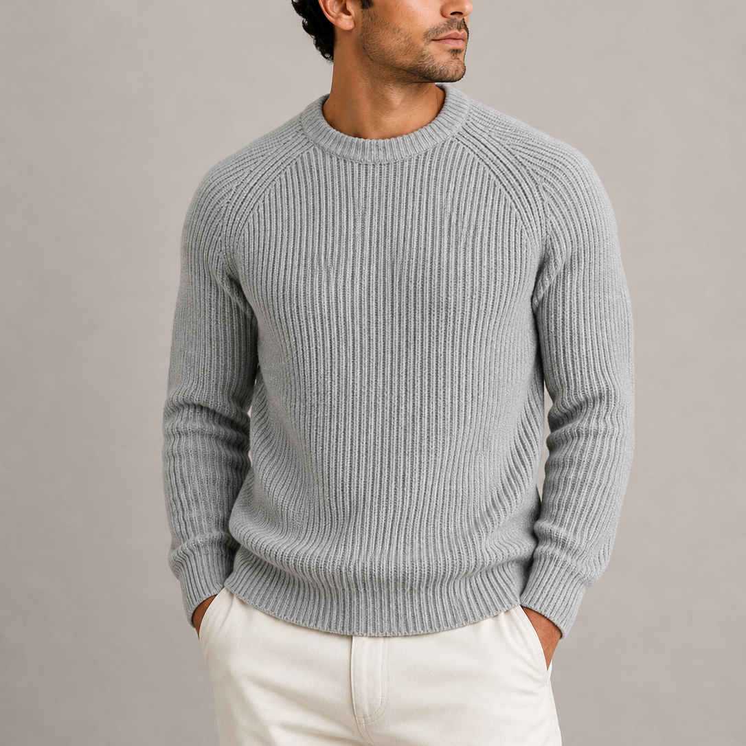 Men's fisherman rib knit sweater in Grey, front view