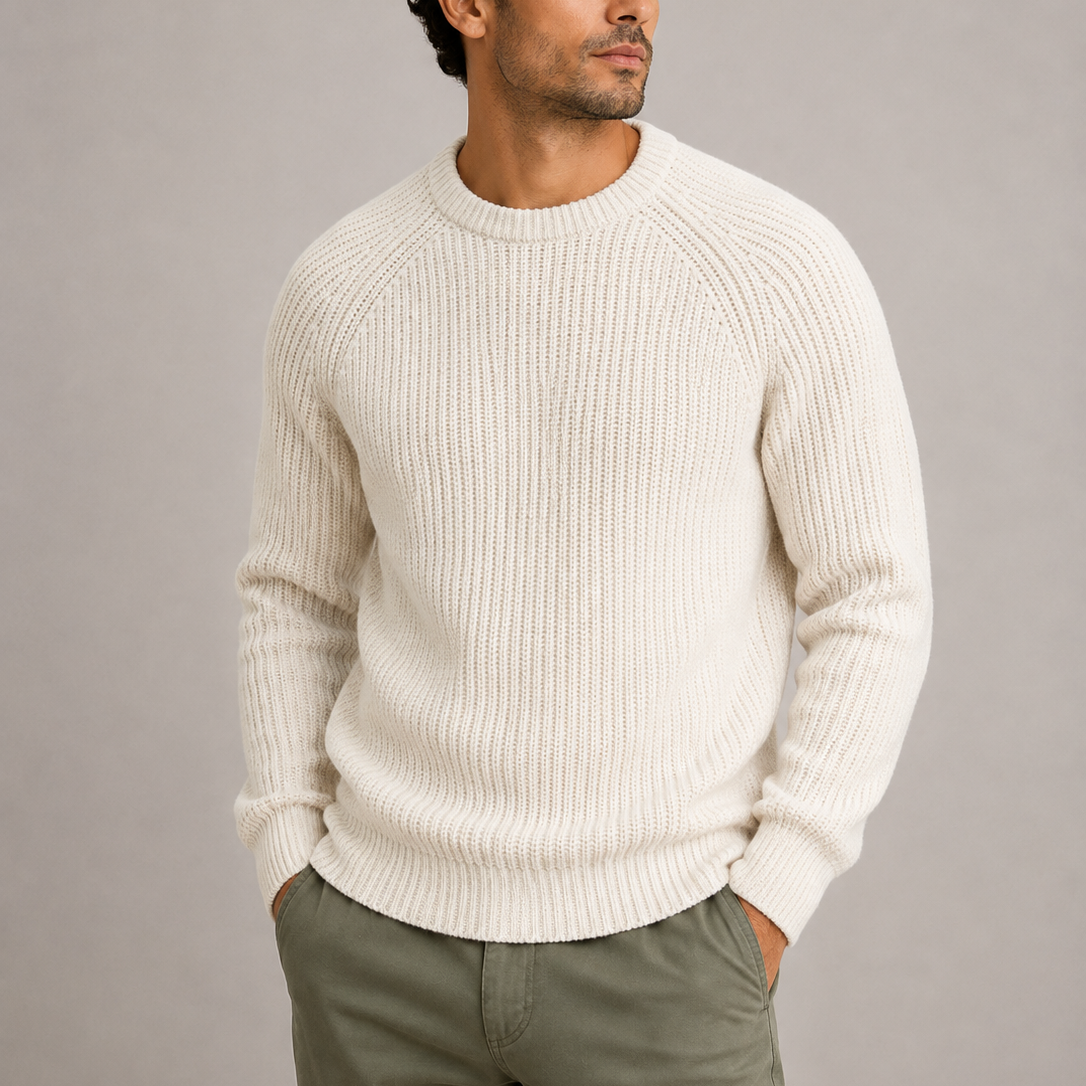 Men's fisherman rib knit sweater in Cream, front view