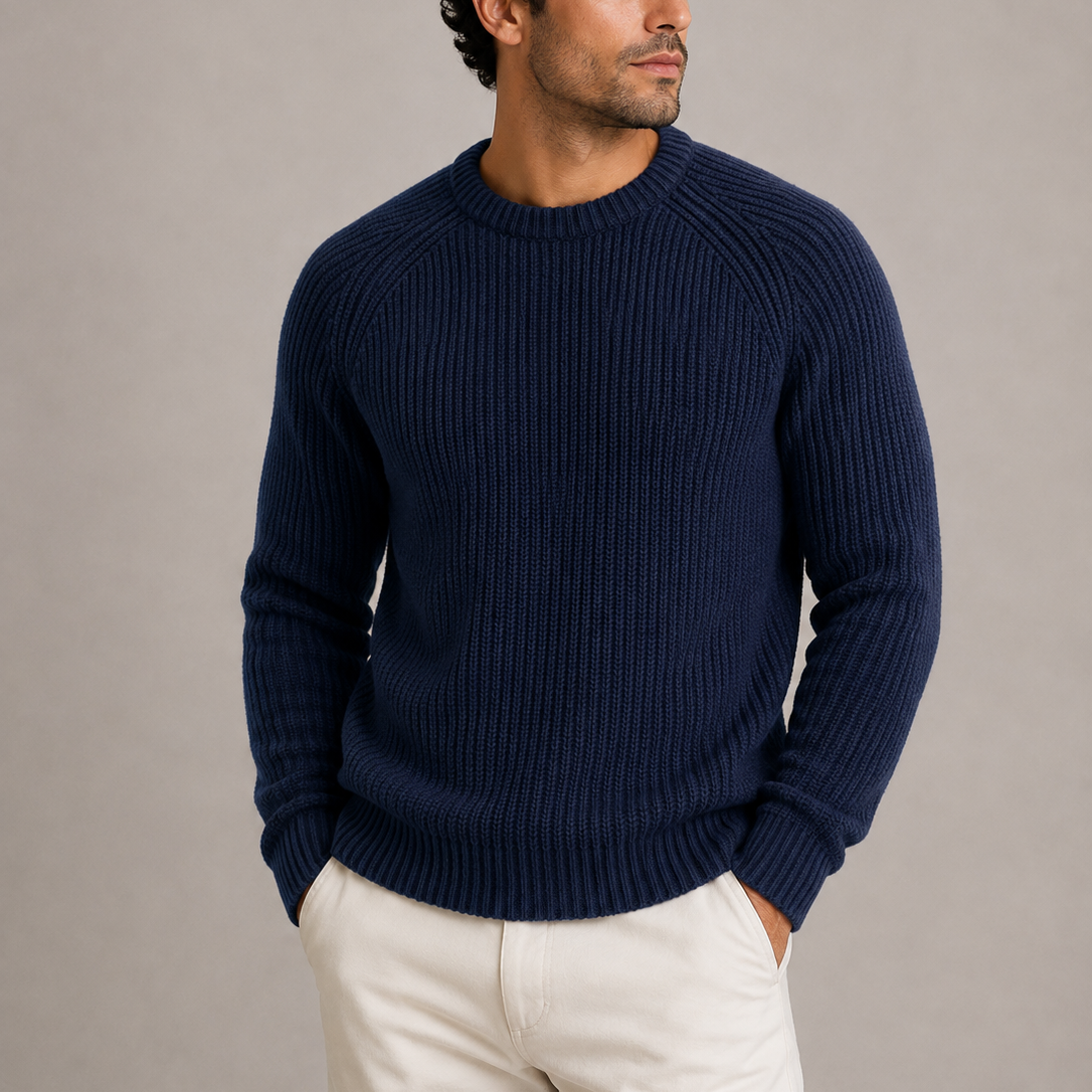 Men's fisherman rib knit sweater in Navy, front view