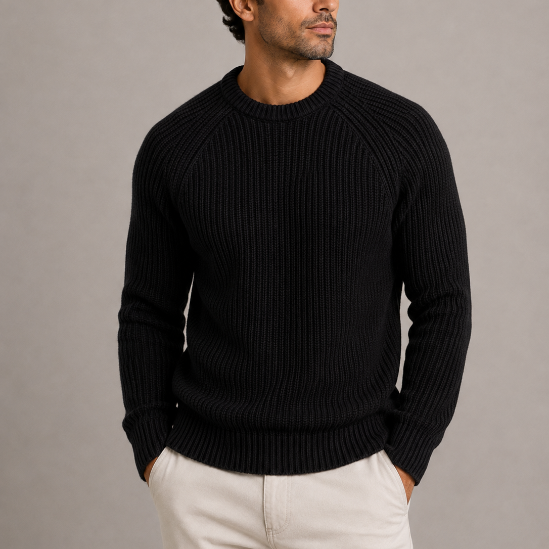Men's fisherman rib knit sweater in Black, front view