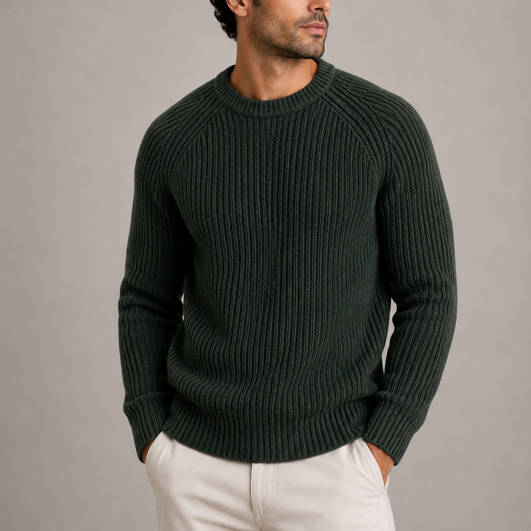 Men's fisherman rib knit sweater in Green, front view