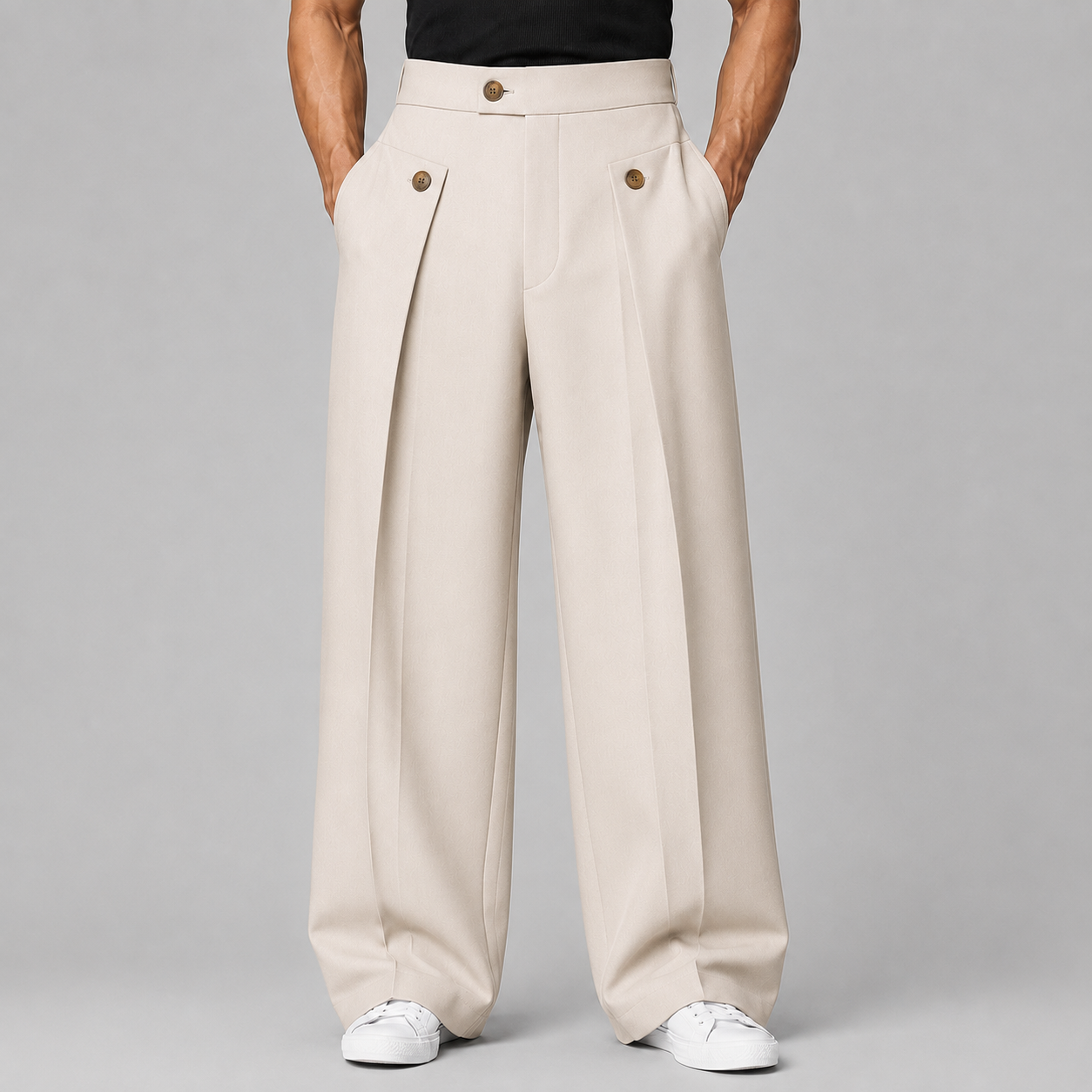 Men's wide leg pleated trousers in Beige, full-length front view