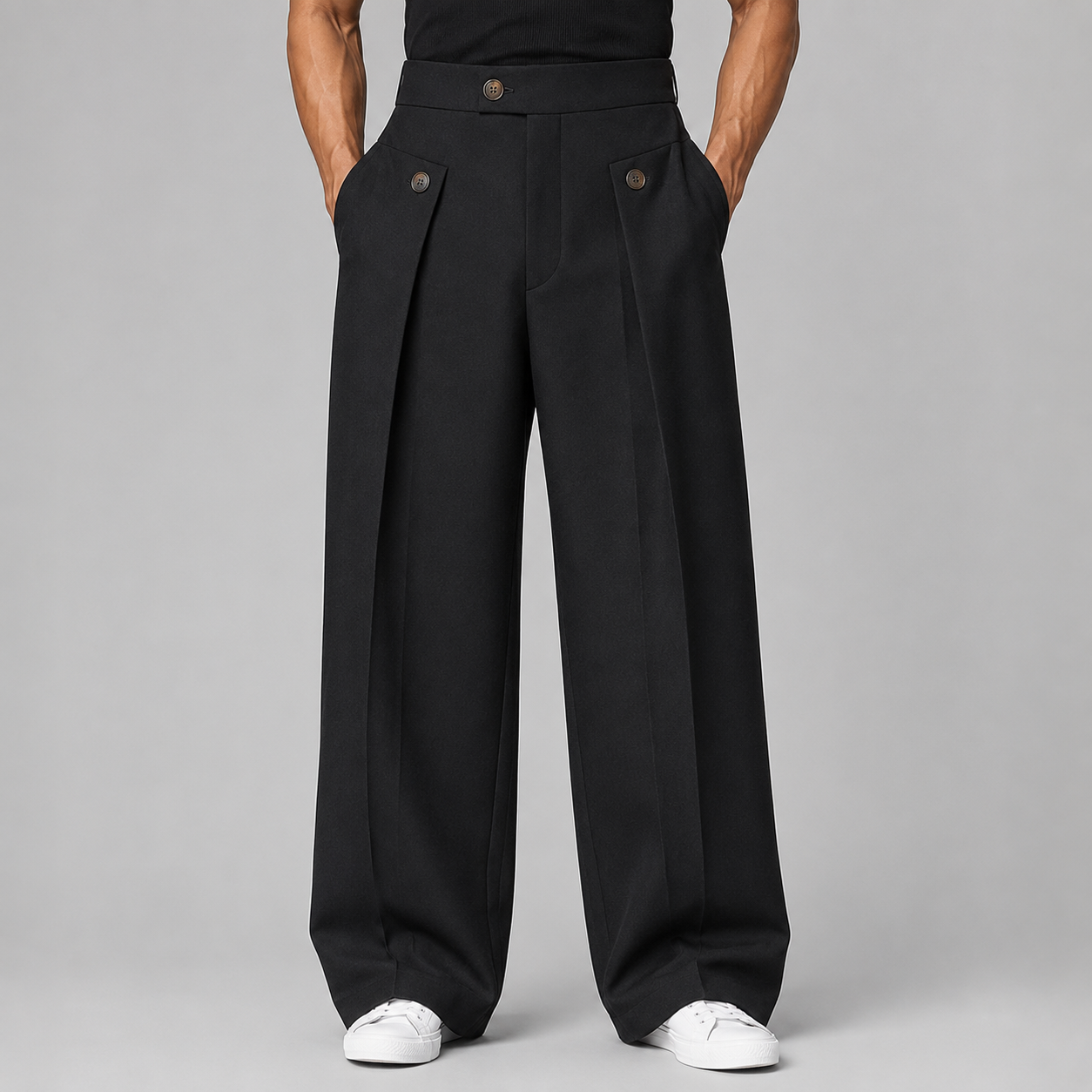 Men's wide leg pleated trousers in Black, full-length front view