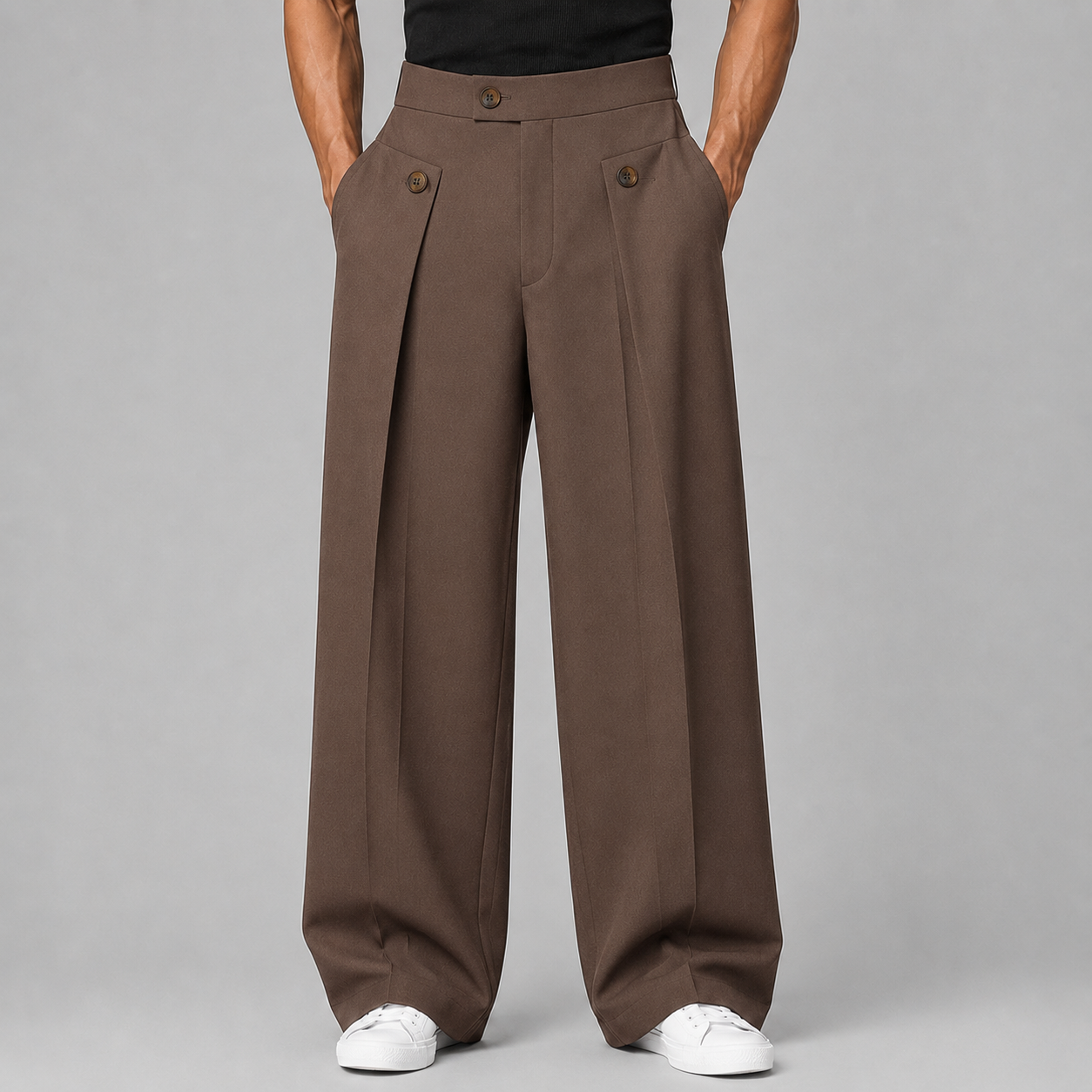 Men's wide leg pleated trousers in Brown, full-length front view