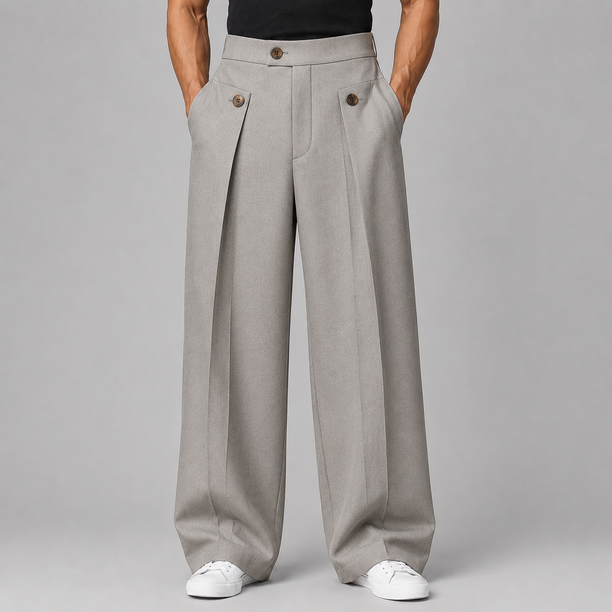 Men's wide leg pleated trousers in Grey, full-length front view