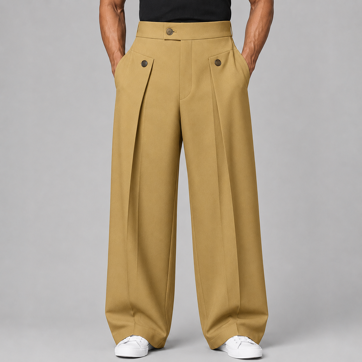 Men's wide leg pleated trousers in Khaki, full-length front view