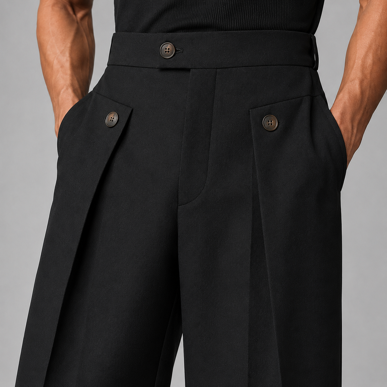 Men's wide leg pleated trousers, side view showing the wide leg drape