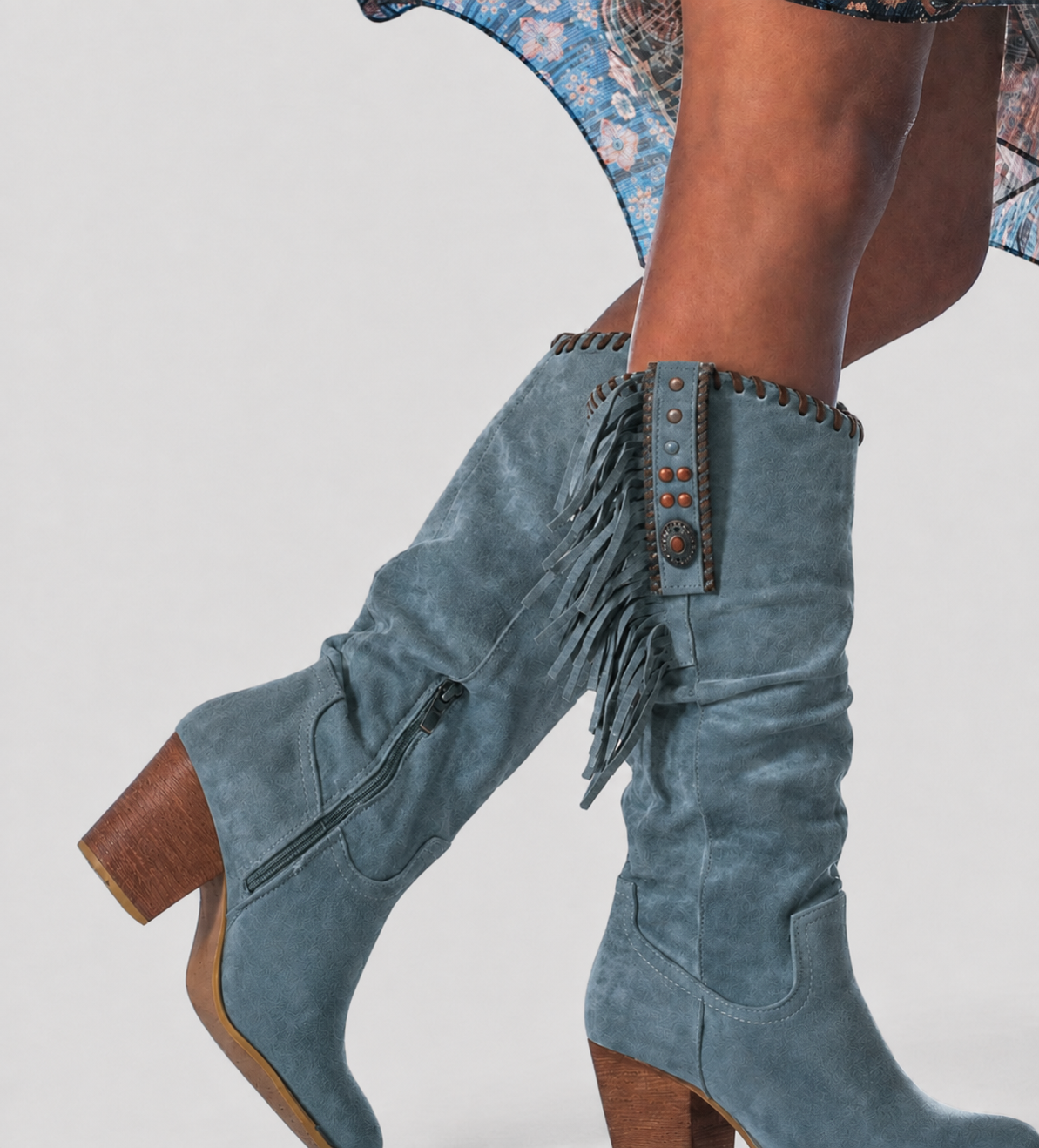 Blue orthopedic ankle boots for women, side view of the wide stable base