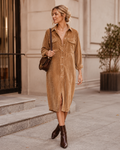 Corduroy Midi Shirt Dress for Women in Khaki