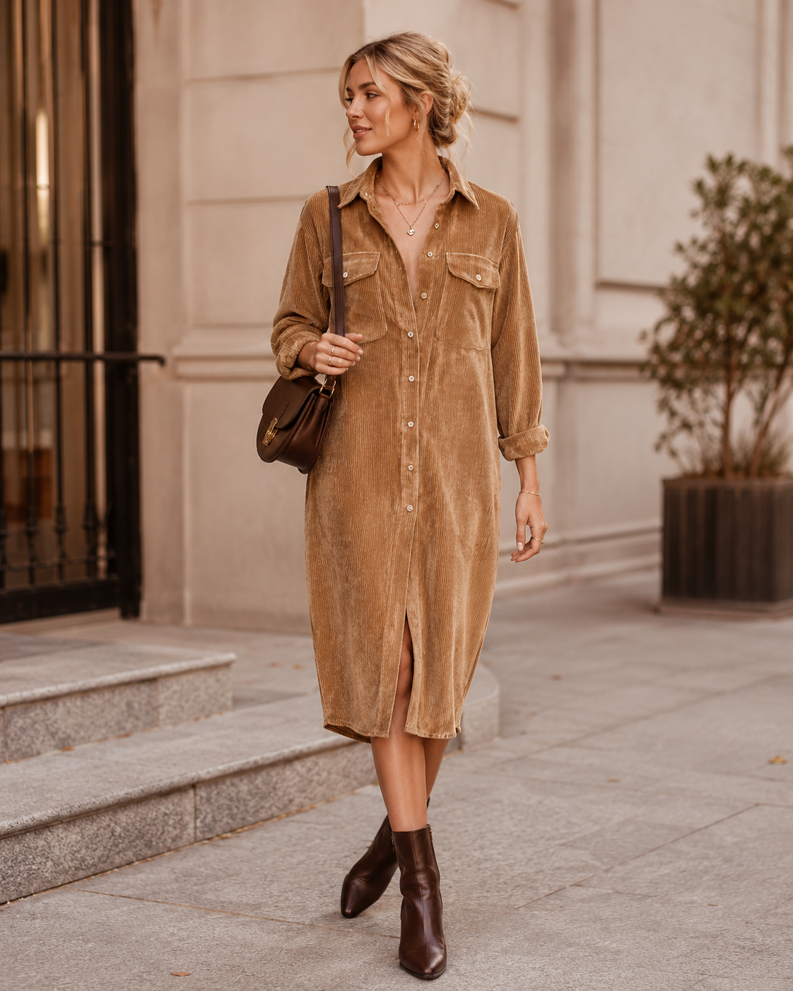 Corduroy Midi Shirt Dress for Women in Khaki