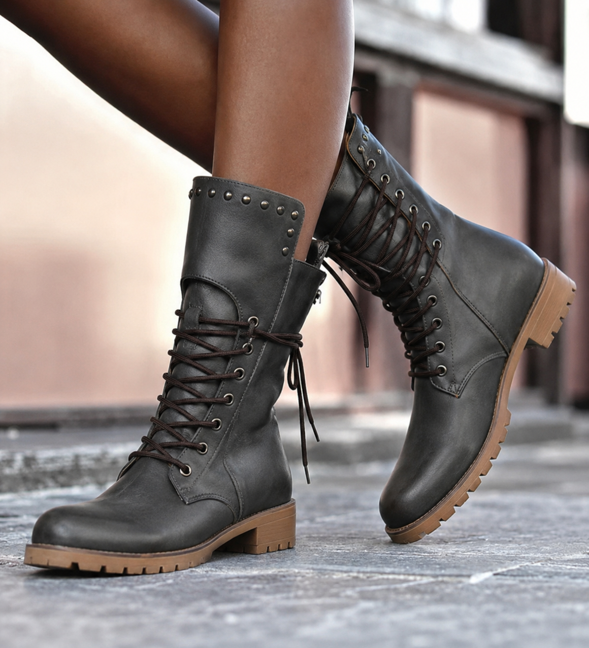 Gray mid calf leather boots for women, side view