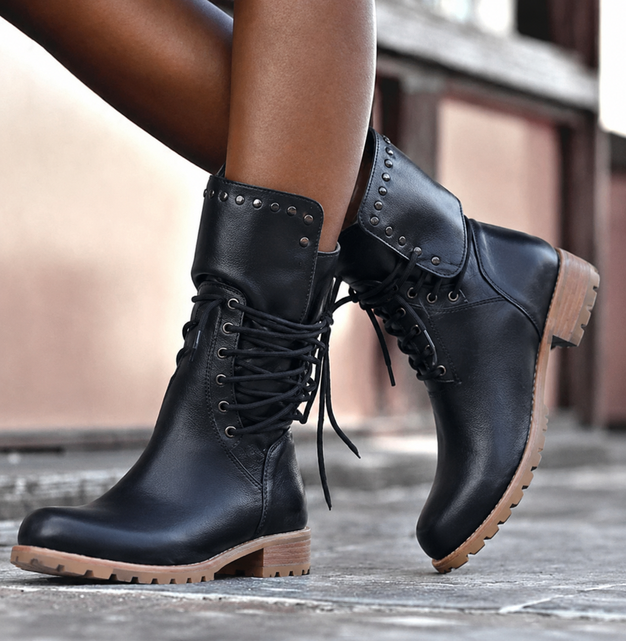 Black mid calf leather boots for women, side view