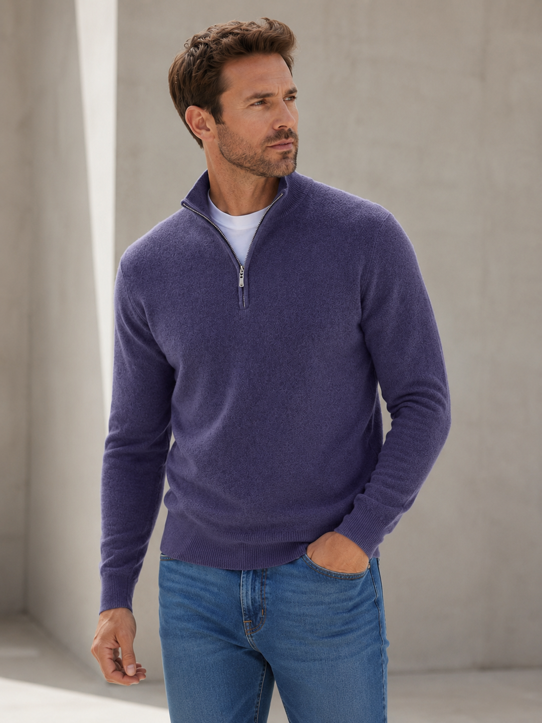 Purple men's half zip sweater in a wool blend knit, front view