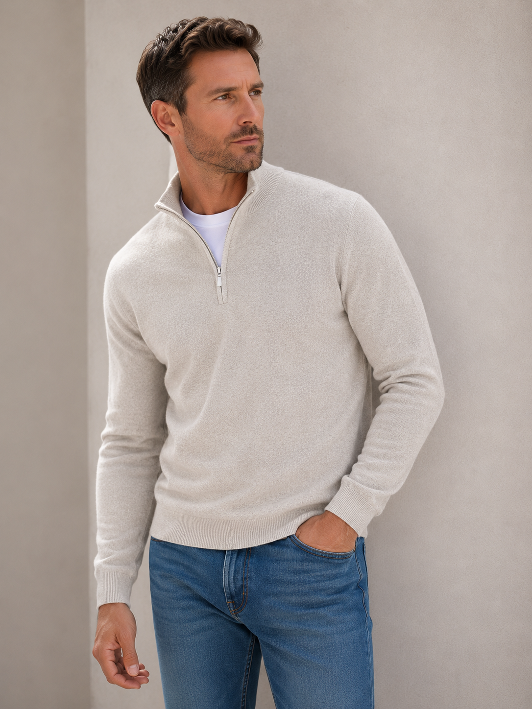 Beige men's half zip sweater, front view