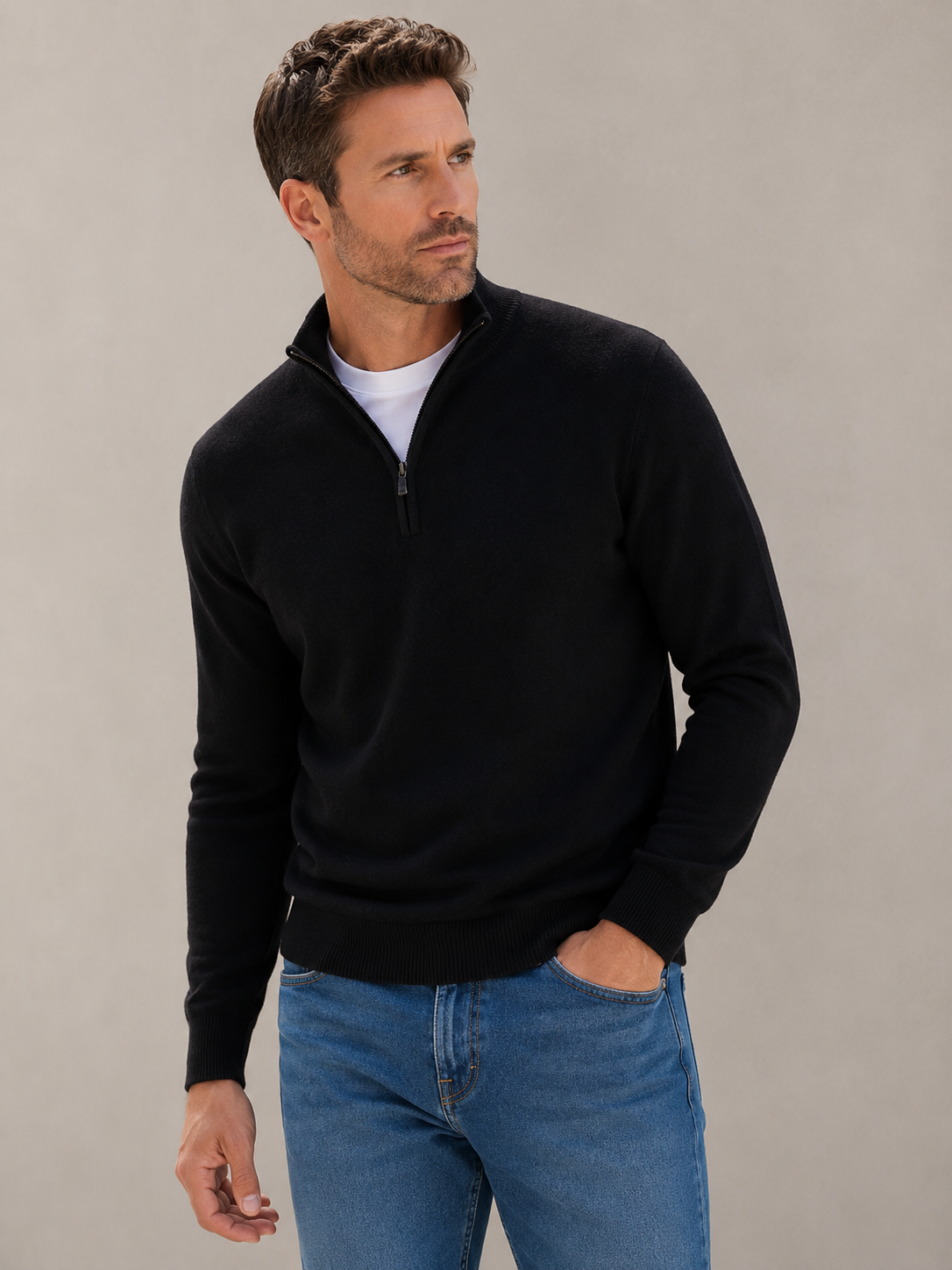 Black men's half zip sweater, front view
