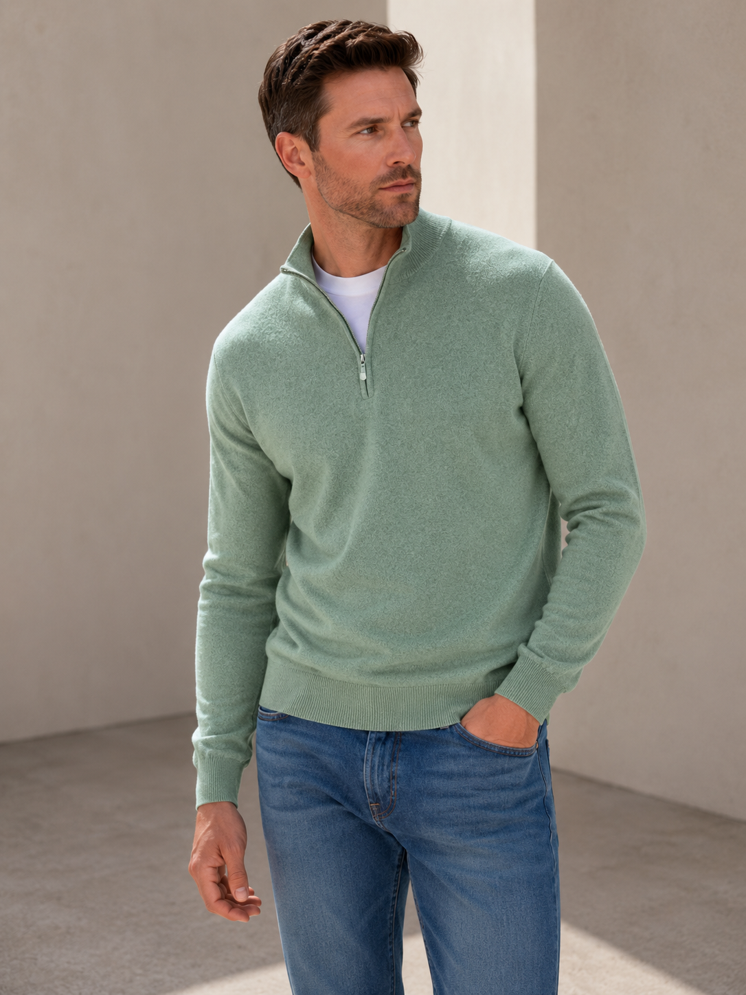 Green men's half zip sweater, front view