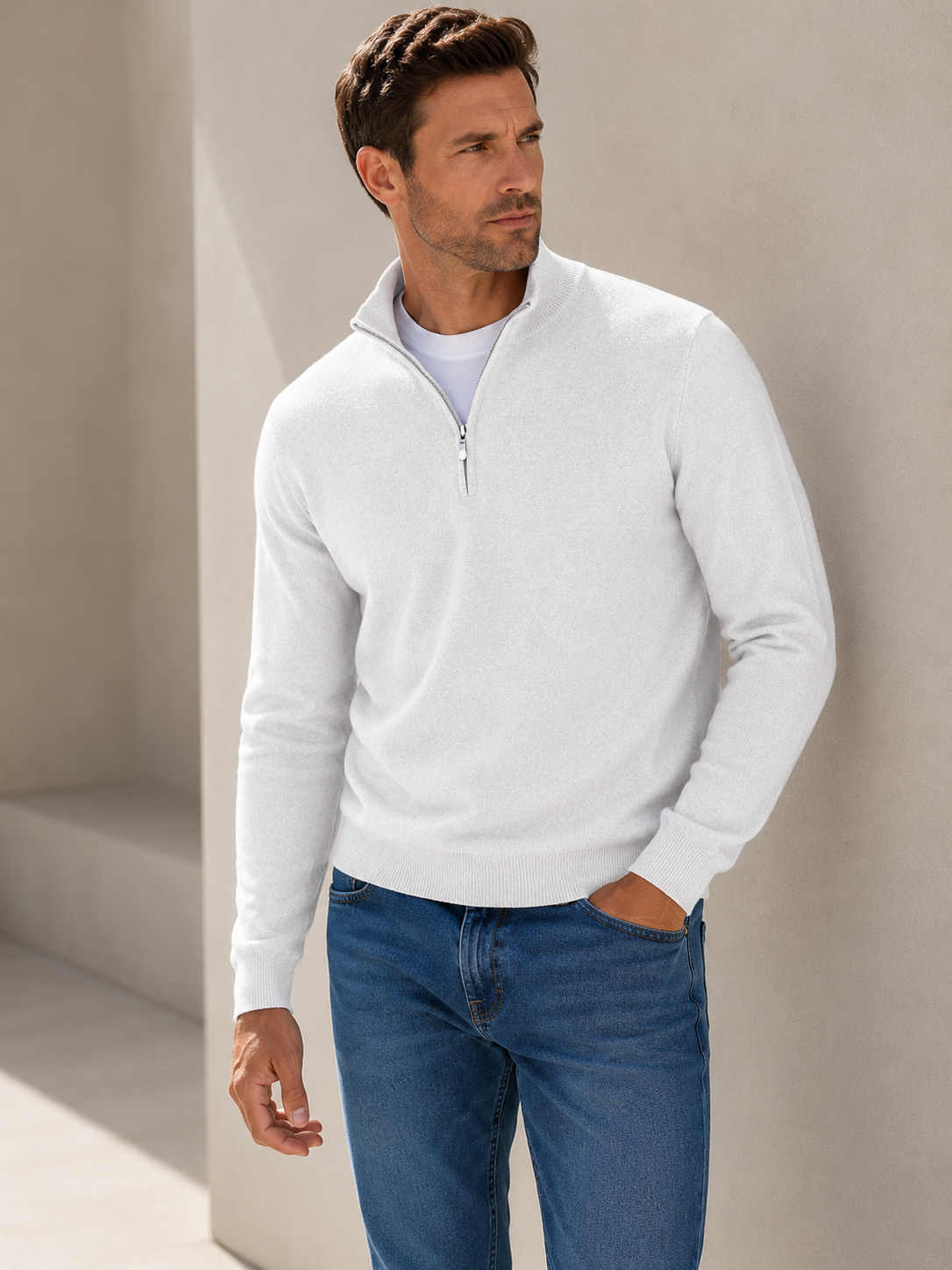 White men's half zip sweater, front view of the wool blend knit and half zip placket