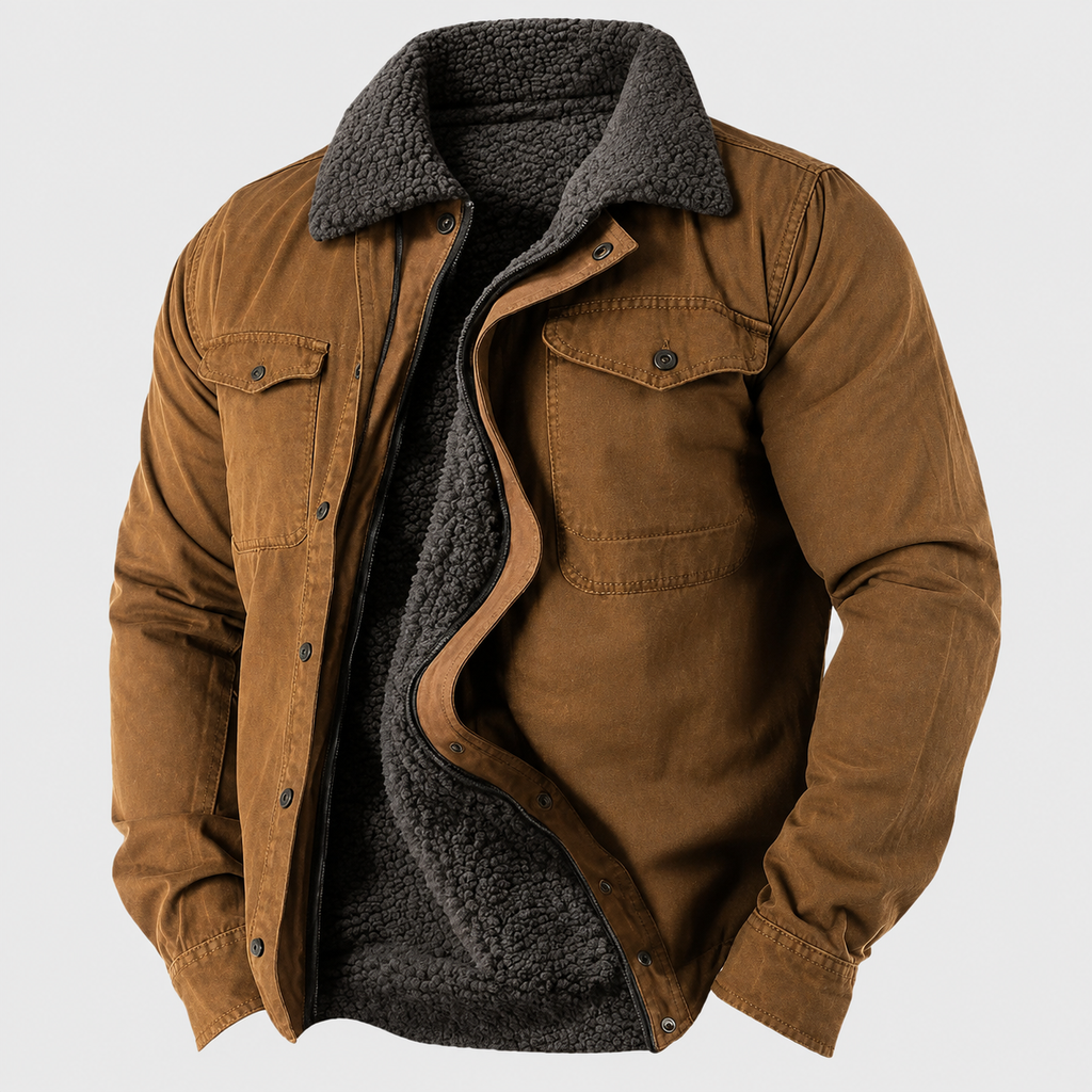 Western barn jacket worn open over a layered shirt