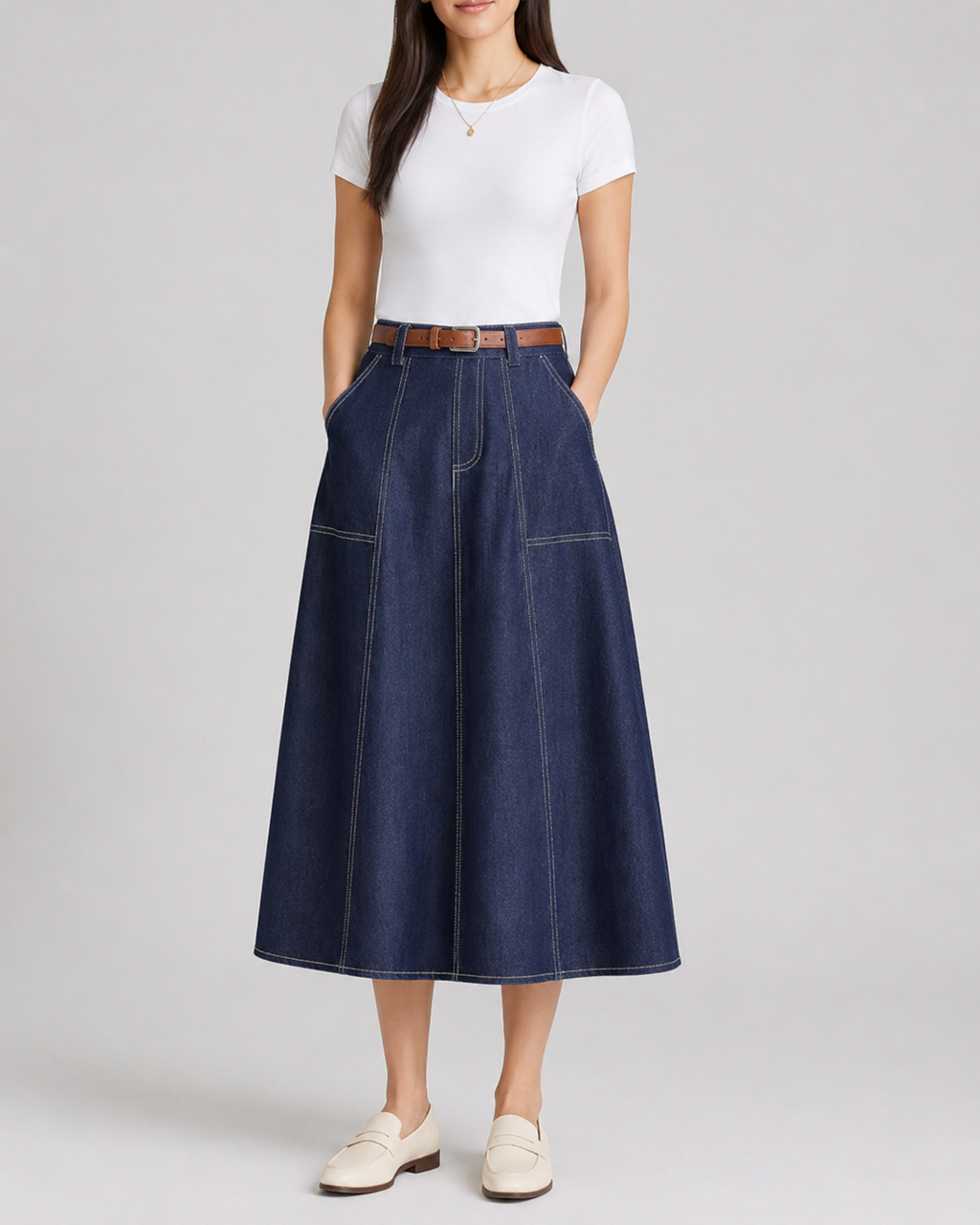 Pleated A-line skirt for women in navy, front view showing the pleats falling from the waist