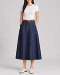 Pleated A-line skirt for women in navy, front view showing the pleats falling from the waist