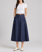 Pleated A-line skirt for women in navy, front view showing the pleats falling from the waist