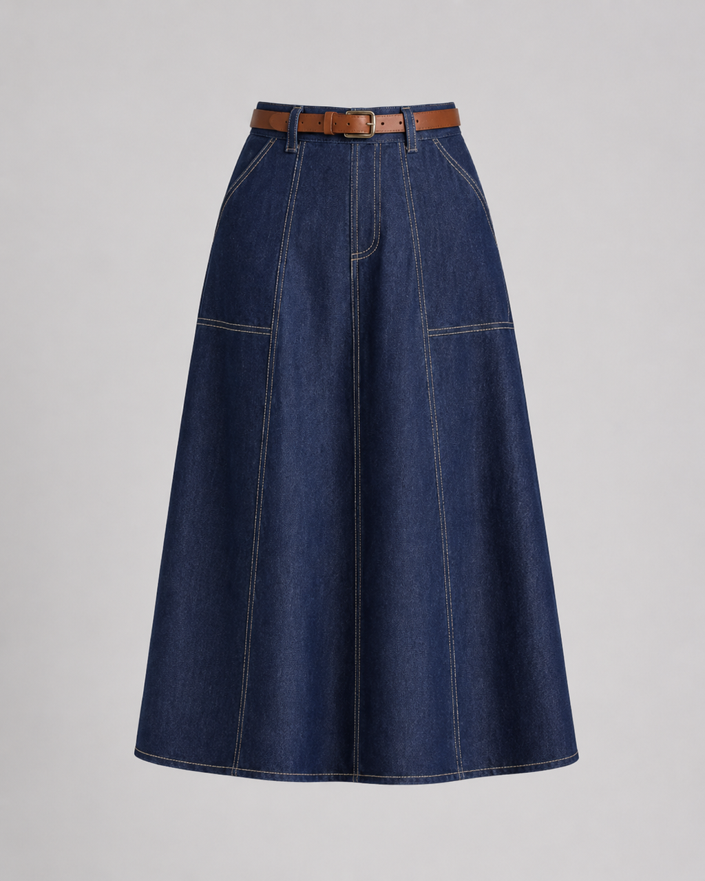 Close-up of the mid-rise waistband and invisible zip on the navy pleated skirt