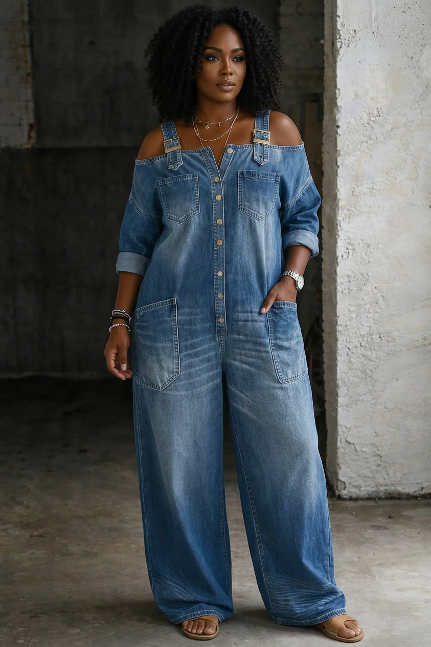 Off shoulder denim shirt jumpsuit for women, full length front view