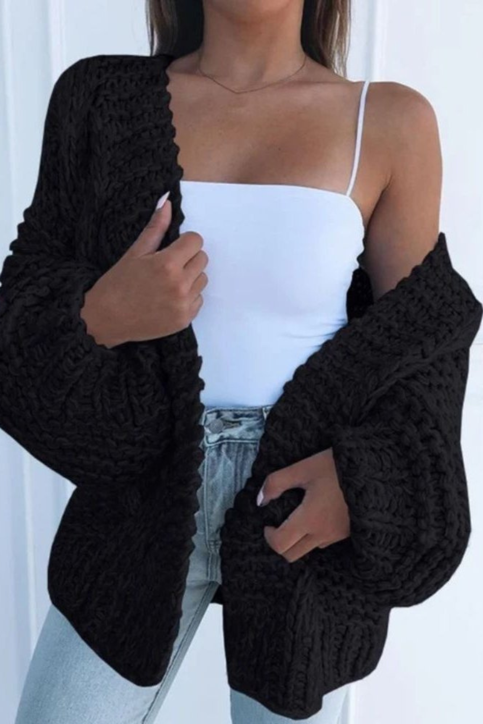 Chunky Knit Cardigan Sweater for Women in Black