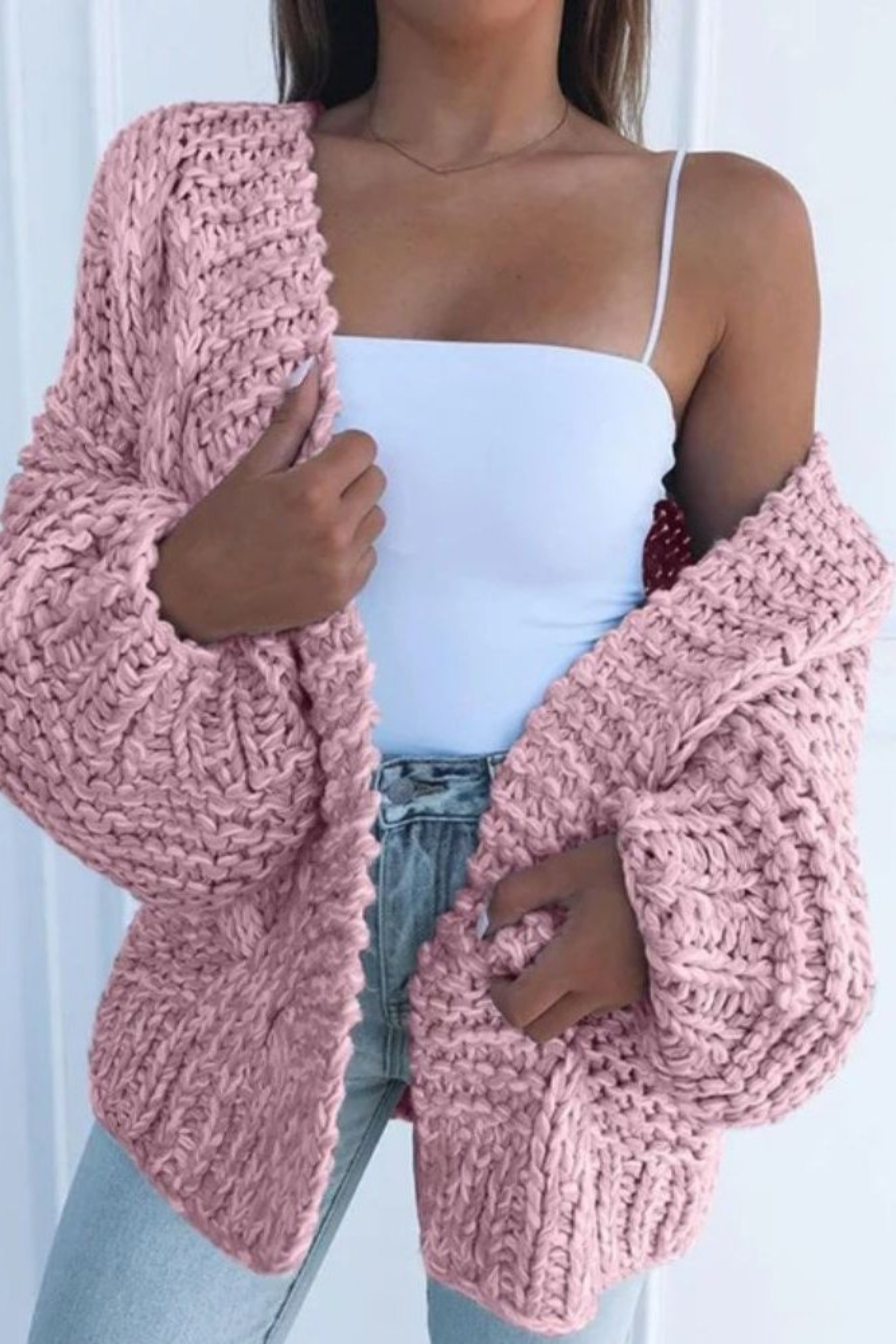 Chunky Knit Cardigan Sweater for Women in Pink