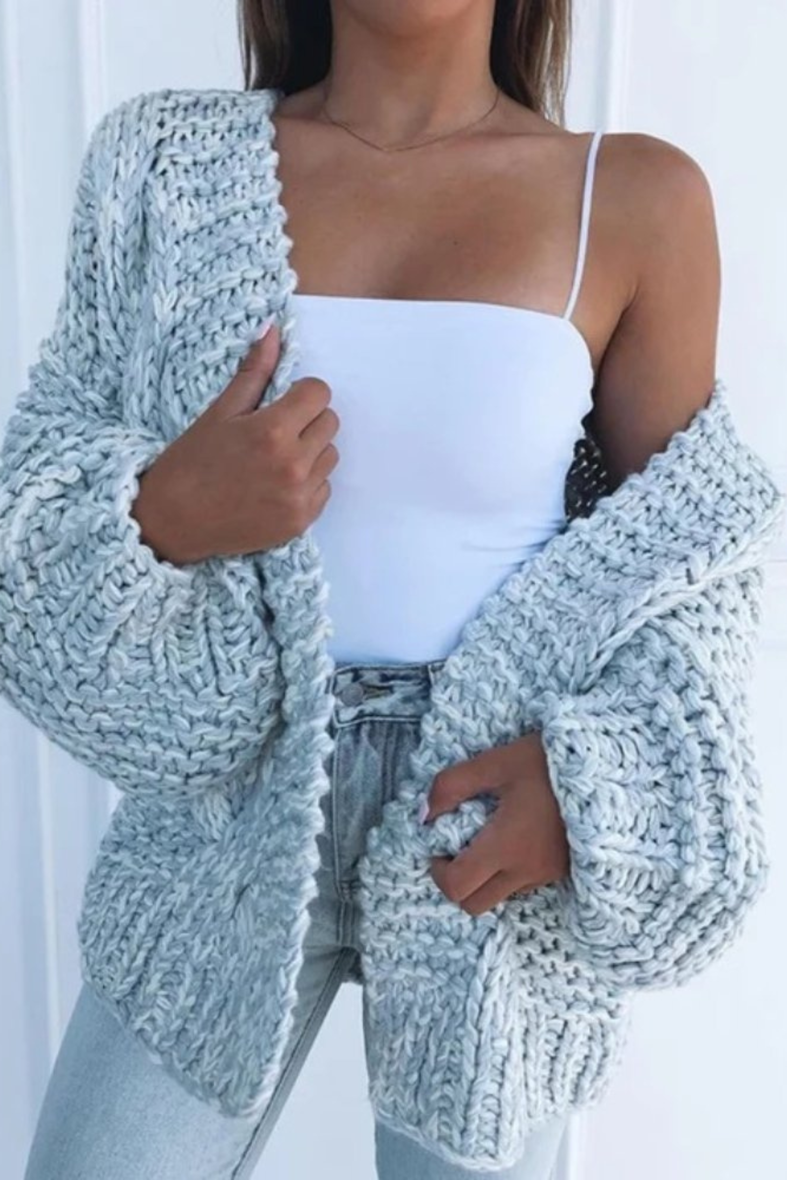 Chunky Knit Cardigan Sweater for Women in Light Blue