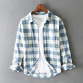 Blue plaid shirt buttoned through, chest pocket on the left