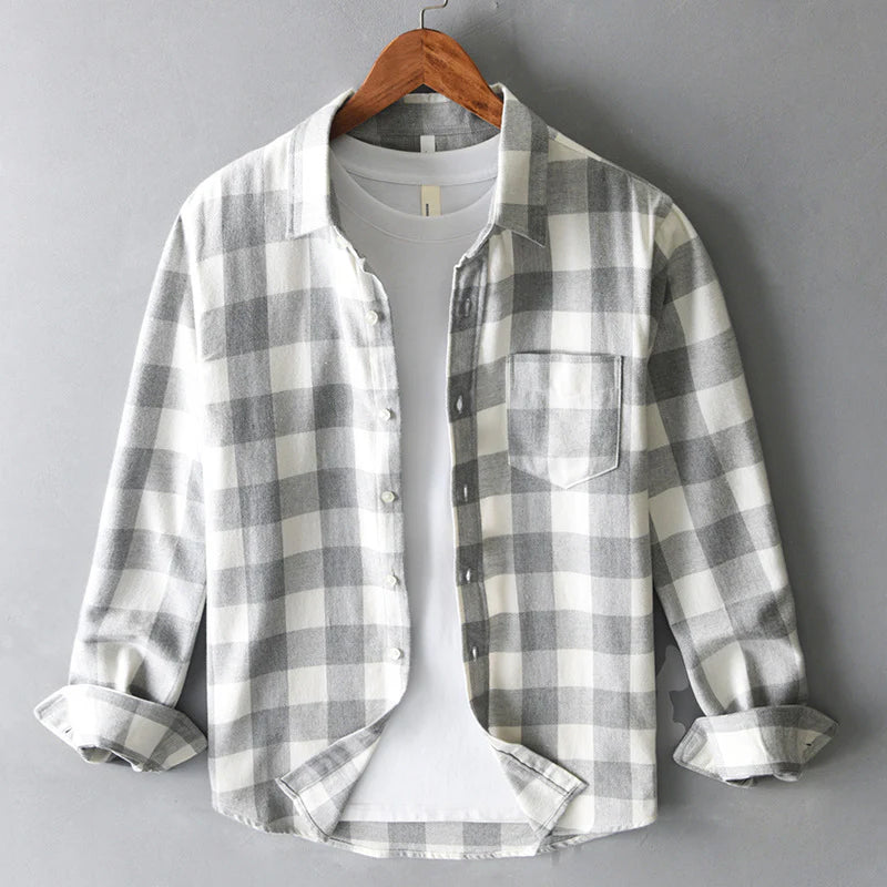 Gray plaid version showing the smooth shirting-weight face