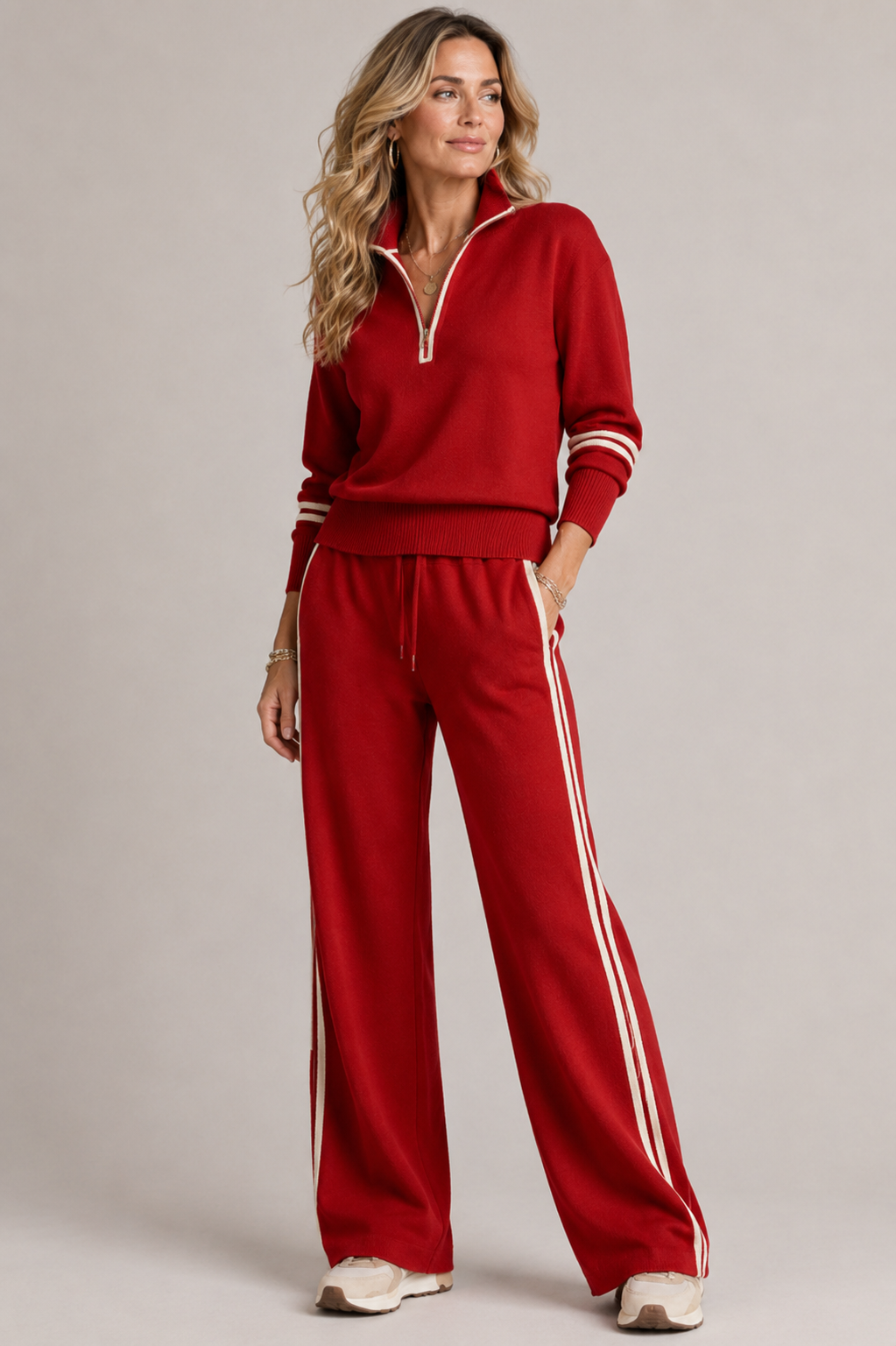 Red knit two piece set seen from the front